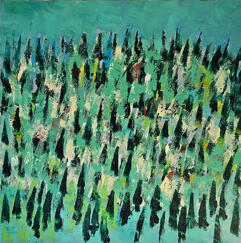 Paysage en vert et bleu avec des sapins von Guillaume Marchat, Malerei kaufen auf Singulart