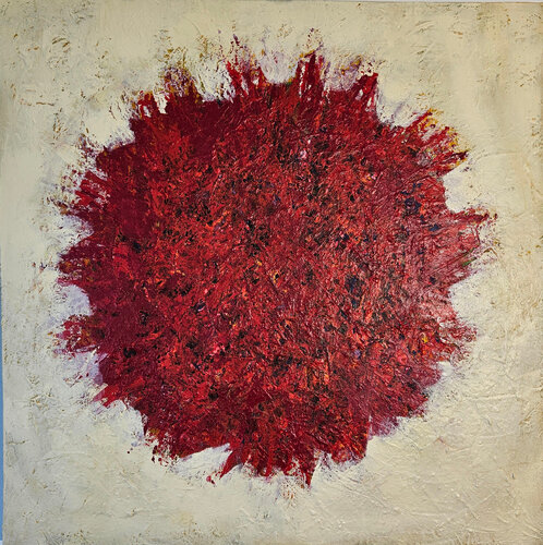 Big bang abstrait peinture rouge sur fond ivoire van Guillaume Marchat, Schilderij te koop op Singulart