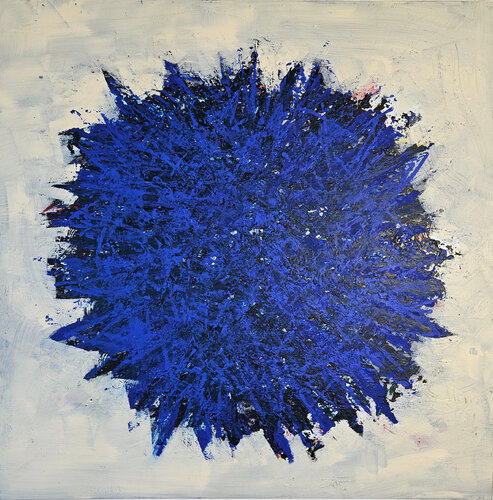 Big Bang abstrait bleu foncé sur fond ivoire van Guillaume Marchat, Schilderij te koop op Singulart