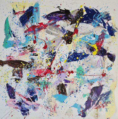 Poissons abstraits bleus et rouges by Guillaume Marchat, Painting for Sale on Singulart