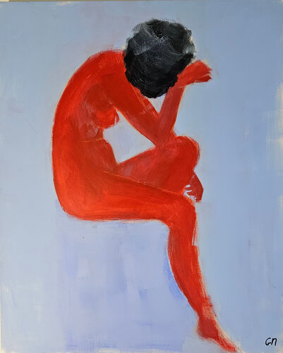 Femme rouge nue sur fond bleu von Guillaume Marchat, Malerei kaufen auf Singulart