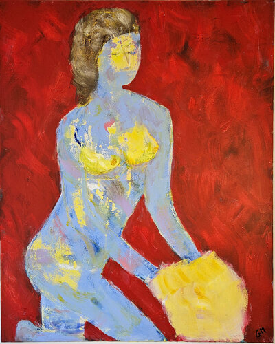 Fennmme bleue et jaune sur fond rouge di Guillaume Marchat, Pittura in vendita su Singulart