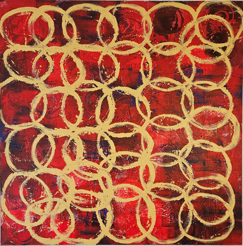 Abstraction ronds ivoires sur fond rouge von Guillaume Marchat, Malerei kaufen auf Singulart