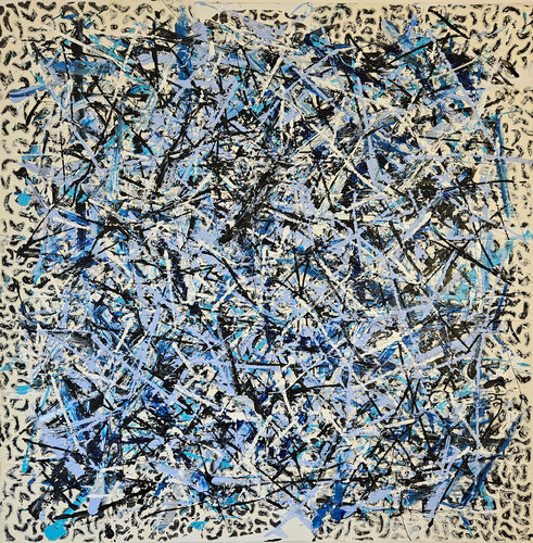 Abstraction en bleu et noir, collage et acrylique sur toile 100x100cm van Guillaume Marchat, Schilderij te koop op Singulart