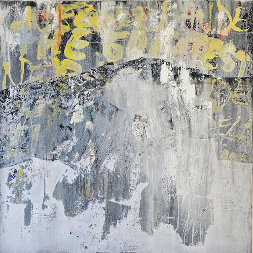 Street art jaune noir et blanc peinture acrylique et collage sur toile 100x100cm by Guillaume Marchat, Painting for Sale on Singulart