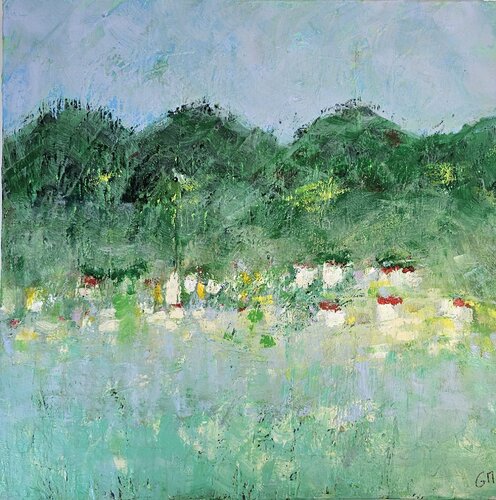 Paysage en vert et bleu avec une touche de jaune van Guillaume Marchat, Schilderij te koop op Singulart