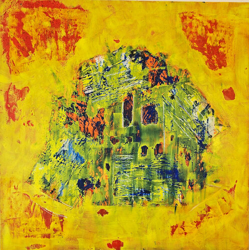 Abstraction maison verte sur fond jaune, acrylique sur toile 100x100cm van Guillaume Marchat, Schilderij te koop op Singulart