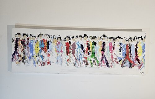 Hommes qui marchent, foule, personnages sur fond blanc long 2 di Guillaume Marchat, Pittura in vendita su Singulart