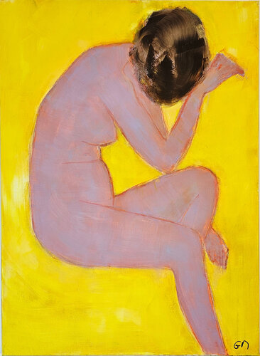 Femme nue rose sur fond jaune di Guillaume Marchat, Pittura in vendita su Singulart