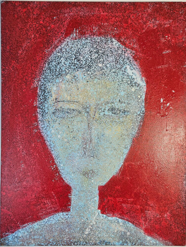 Tête, portrait de femme au visage bleu sur fond rouge par Guillaume Marchat, Peinture en vente sur Singulart