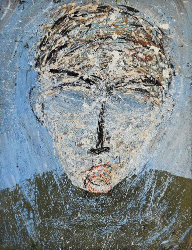 Portrait aux yeux bleus et pull vert von Guillaume Marchat, Malerei kaufen auf Singulart