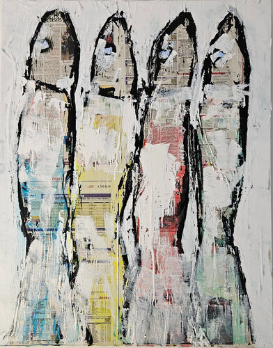 Sardines bleues, rouges, vertes, jaunes, collage et peinture acrylique sur toile van Guillaume Marchat, Schilderij te koop op Singulart