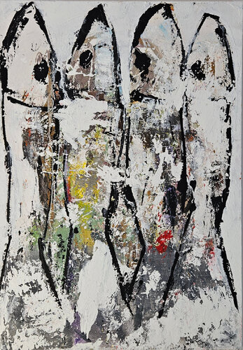 Sardines marron vertes, jaunes, collage papier et peinture acrylique sur toile van Guillaume Marchat, Schilderij te koop op Singulart
