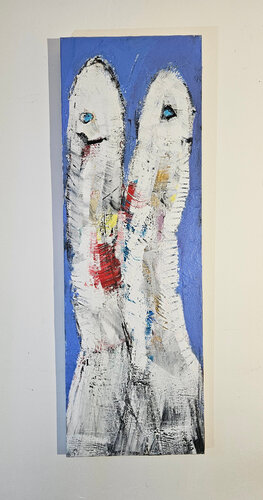 Sardines blanche sur fond bleu, peinture acrylique sur toile van Guillaume Marchat, Schilderij te koop op Singulart