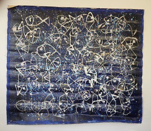 Poissons blancs sur fond bleu di Guillaume Marchat, Pittura in vendita su Singulart