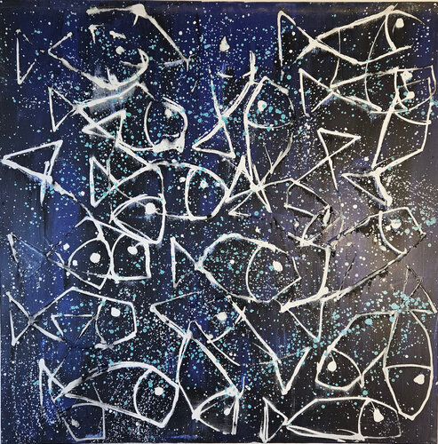 Poissons bleu et blanc sous fond bleu van Guillaume Marchat, Schilderij te koop op Singulart