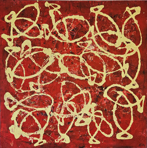 Poissons abstraits ivoire sur fond rouge by Guillaume Marchat, Painting for Sale on Singulart