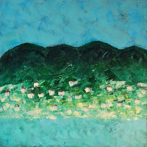 Paysage en bleu et vert avec maisons de Guillaume Marchat, Pintura a la venta en Singulart