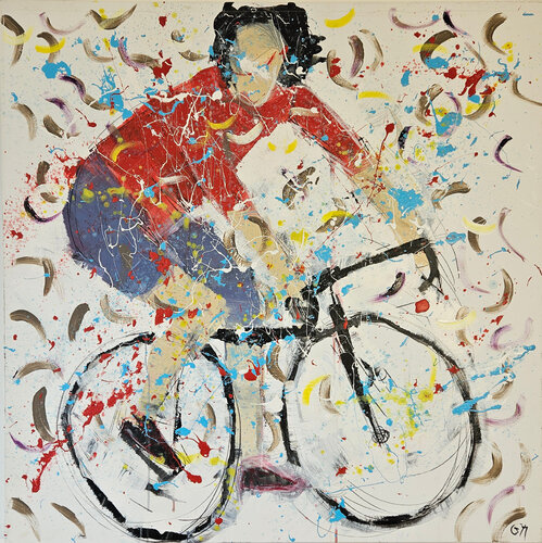 Cycliste au maillot rouge di Guillaume Marchat, Pittura in vendita su Singulart