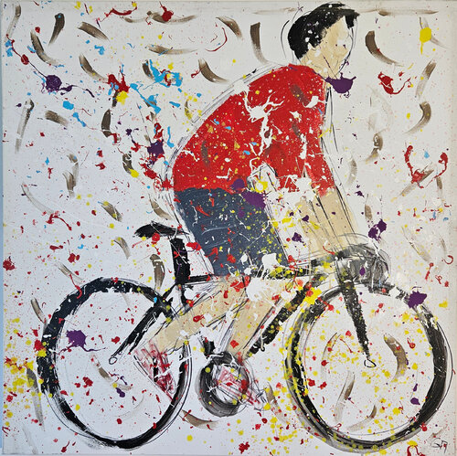 Cycliste au maillot rouge en danseuse di Guillaume Marchat, Pittura in vendita su Singulart