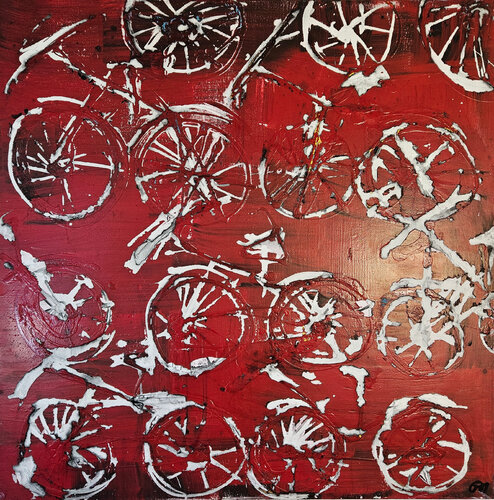 Vélos rouges di Guillaume Marchat, Pittura in vendita su Singulart