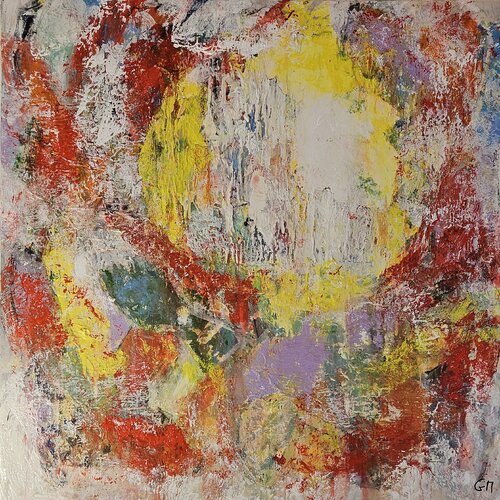 Abstraction, poissons rouges et jaunes collage papier et acrylique von Guillaume Marchat, Malerei kaufen auf Singulart