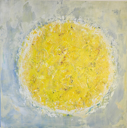 Big bang abstrait jaune vif sur fond bleu clair van Guillaume Marchat, Schilderij te koop op Singulart