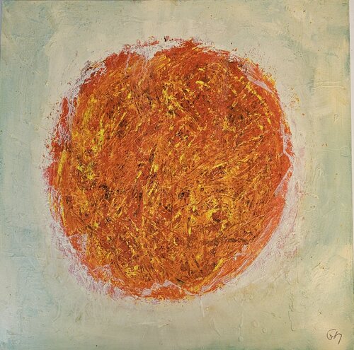 Big bang abstrait peinture orange sur fond ivoire di Guillaume Marchat, Pittura in vendita su Singulart
