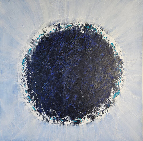 Big Bang abstrait bleu foncé sur fond bleu clair van Guillaume Marchat, Schilderij te koop op Singulart
