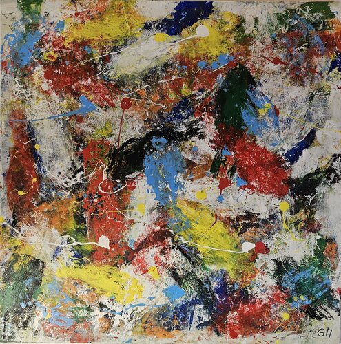 Poissons abstraits rouges bleus et jaunes van Guillaume Marchat, Schilderij te koop op Singulart