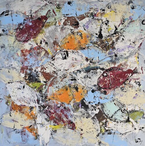 Poissons orange rouge bleu van Guillaume Marchat, Schilderij te koop op Singulart