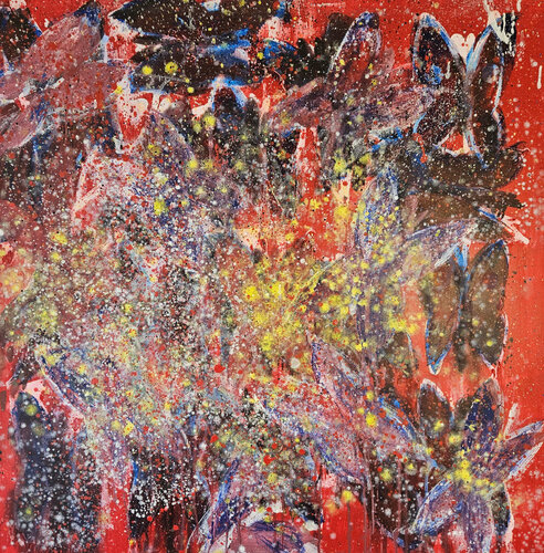 papillons noirs et jaunes et or sur fond rouge by Guillaume Marchat, Painting for Sale on Singulart