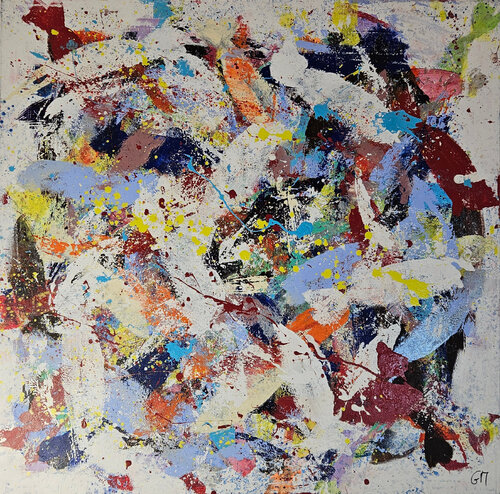 Poissons abstraits  bleus clairs et rouges van Guillaume Marchat, Schilderij te koop op Singulart