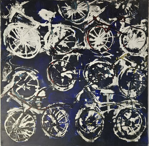 Vélos bleus, art brut by Guillaume Marchat, Painting for Sale on Singulart