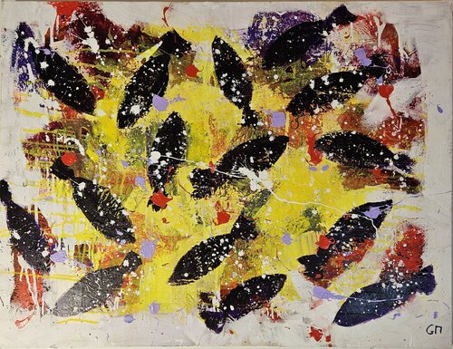 Poissons violets foncés sur fond jaune van Guillaume Marchat, Schilderij te koop op Singulart