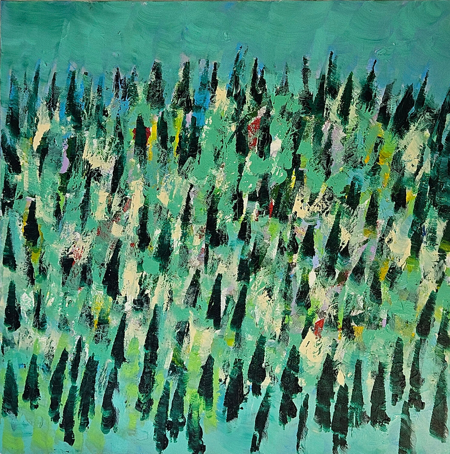 Paysage en vert et bleu avec des sapins Guillaume Marchat Originalgemälde zu verkaufen