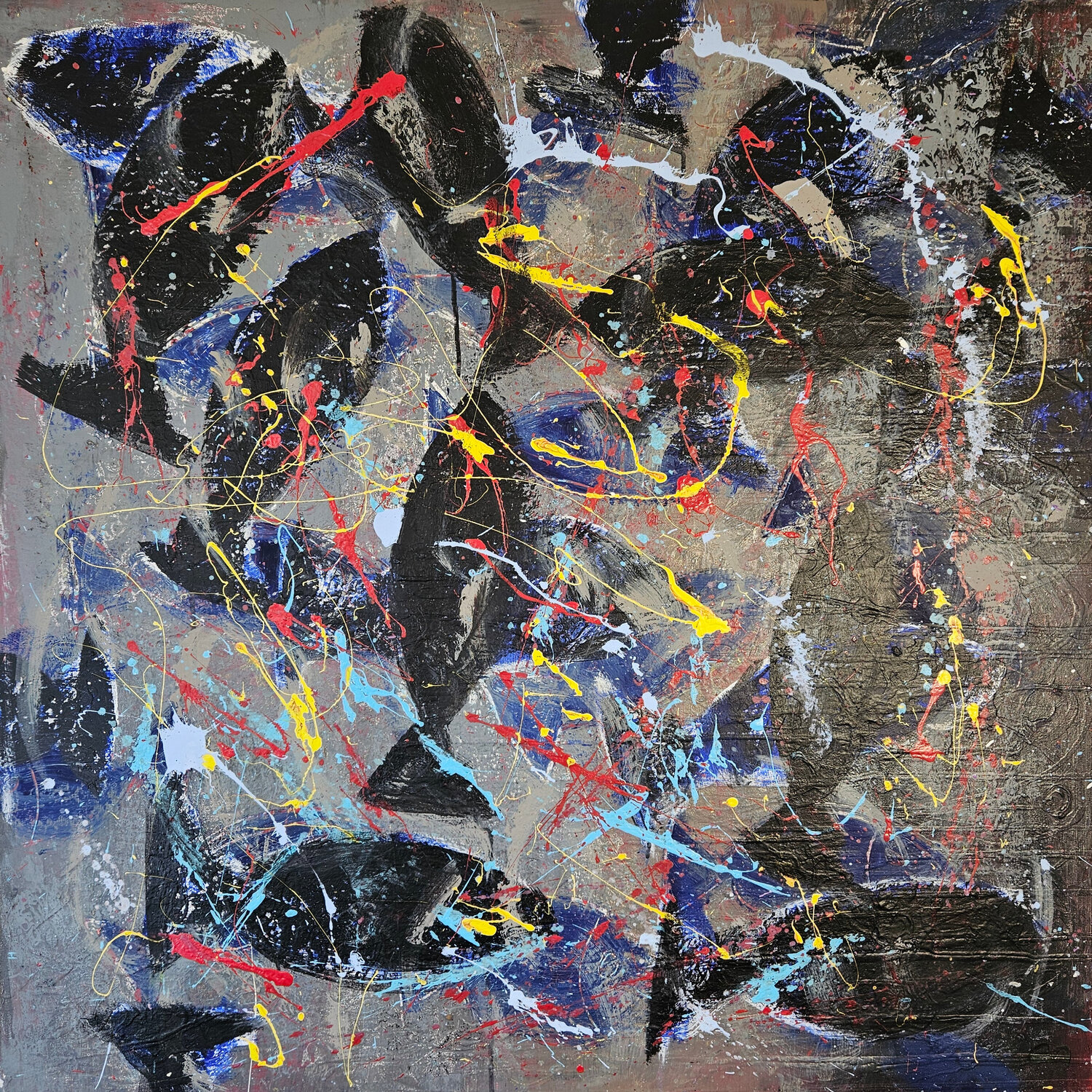 Poissons noir bleu jaune et rouge Guillaume Marchat Dipinto originale in vendita