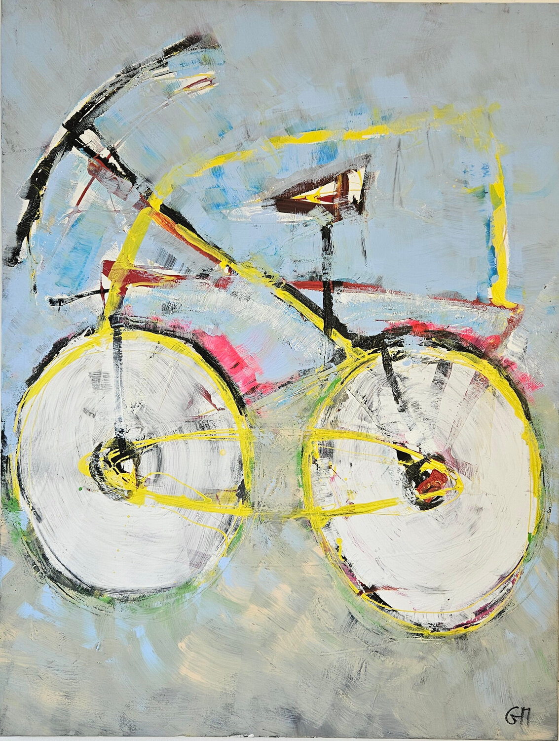Vélo rose et jaune semi abstrait Guillaume Marchat Originalgemälde zu verkaufen