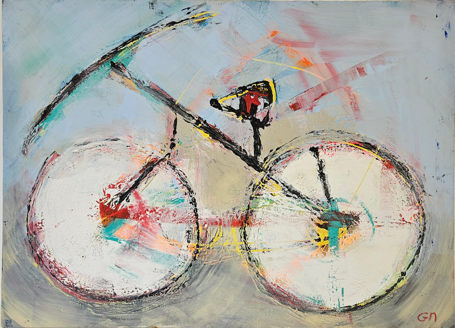 Vélo vert noir et rouge naif Guillaume Marchat Originalgemälde zu verkaufen