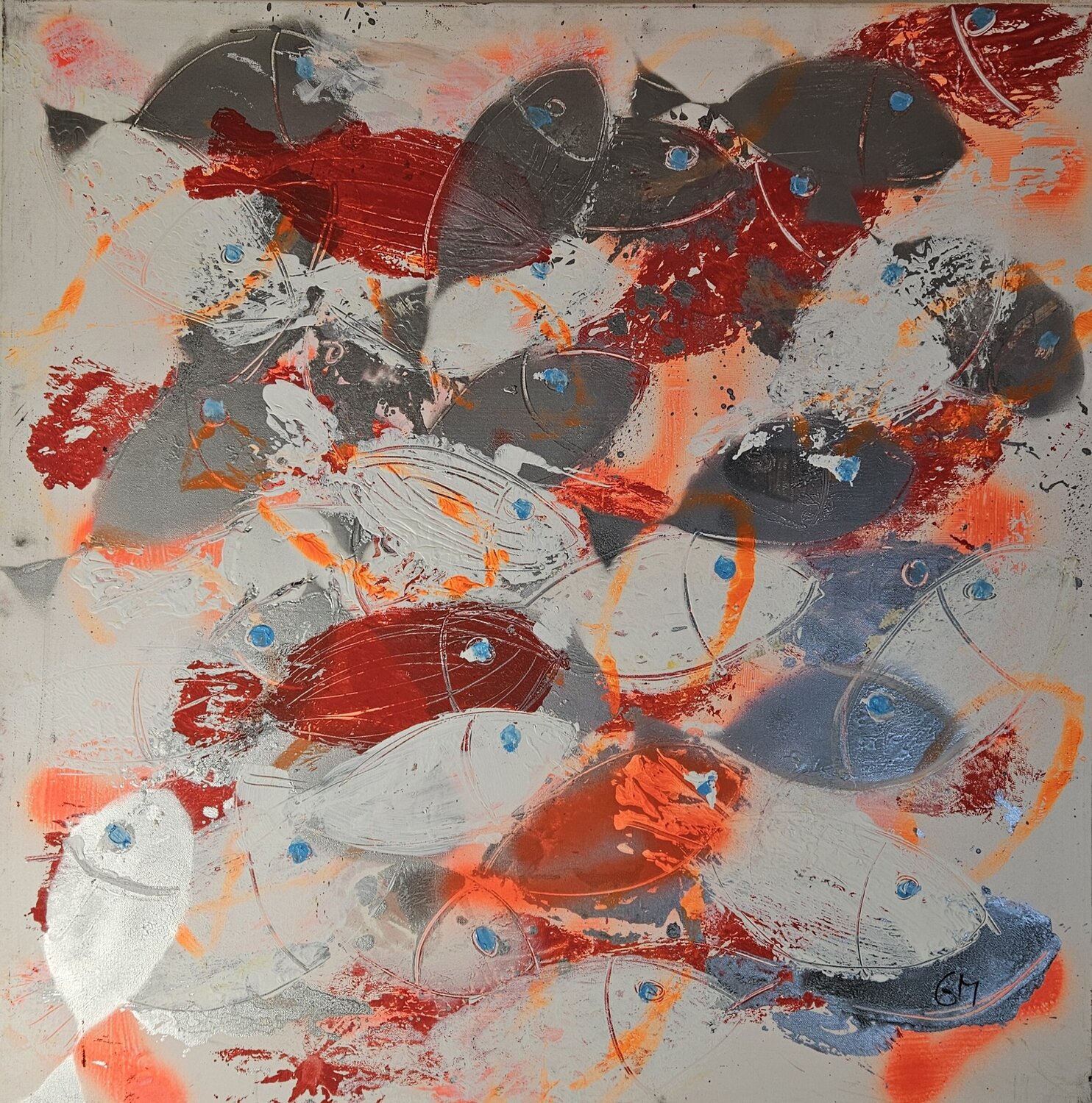 Poissons fluos orange rouges et argent Guillaume Marchat Originalgemälde zu verkaufen