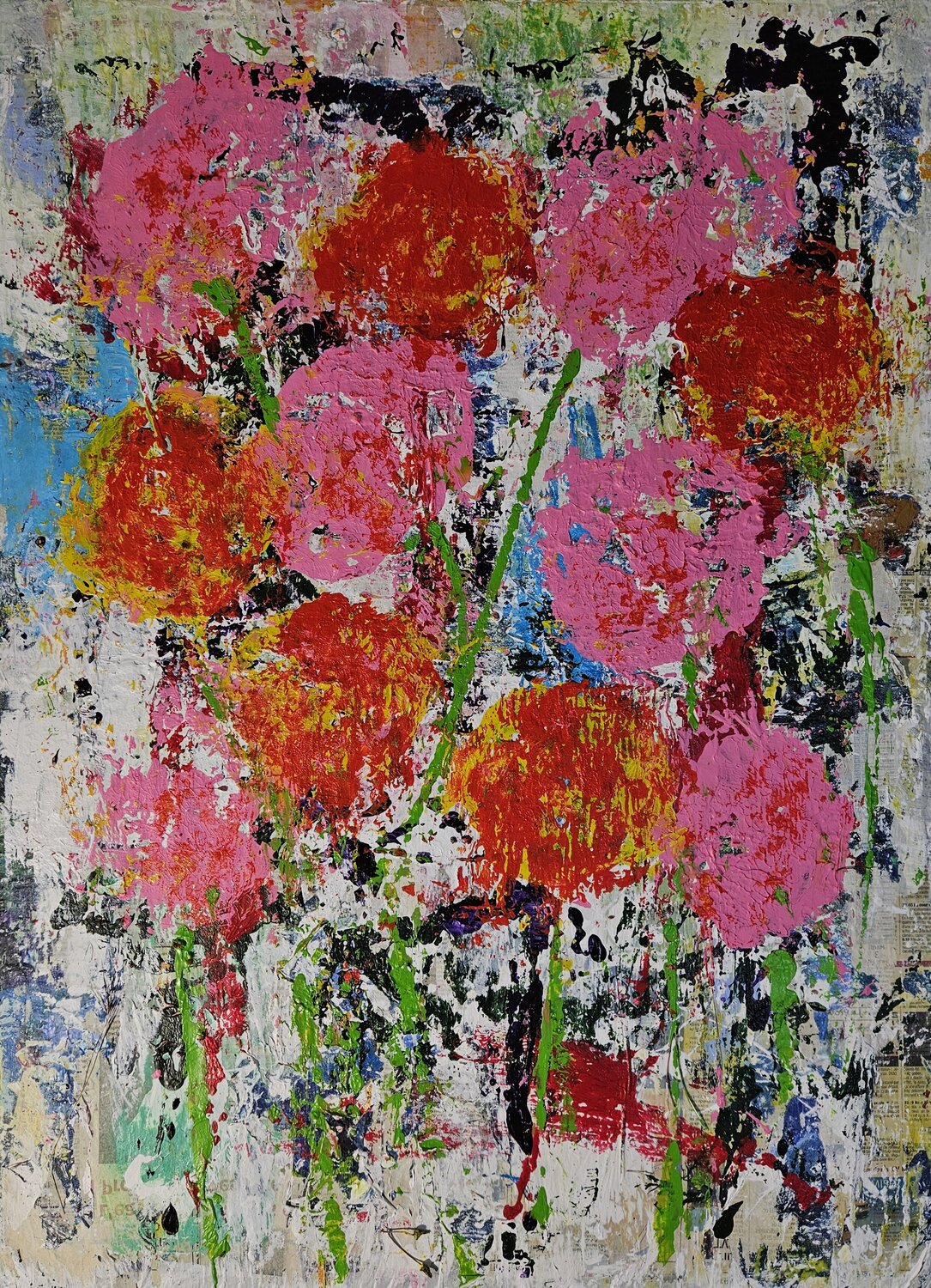 Fleurs sauvages 1 acrylique et collage papier Guillaume Marchat Originalgemälde zu verkaufen