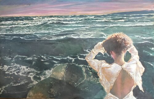 Woman in White and Waves di Raymond Chow, Pittura in vendita su Singulart