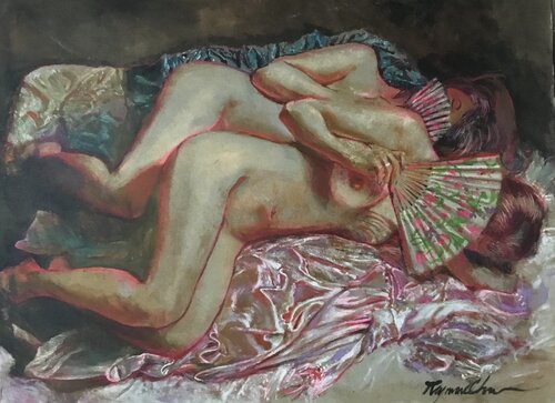 Resting Nudes With Fans One von Raymond Chow, Malerei kaufen auf Singulart