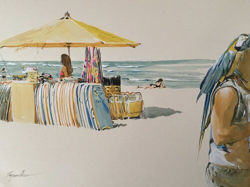 Man And Parrot In Hawaii di Raymond Chow, Opera su carta in vendita su Singulart