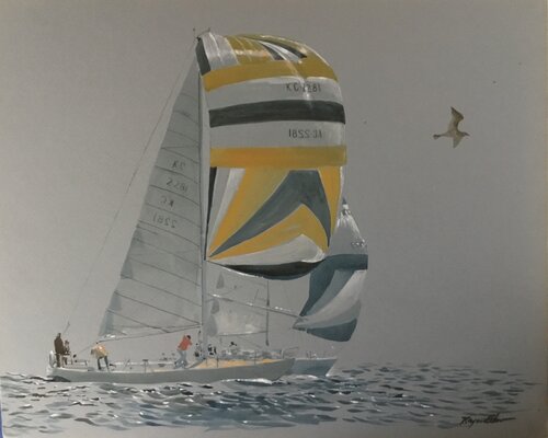 Yellow And Blue Sailboat di Raymond Chow, Pittura in vendita su Singulart