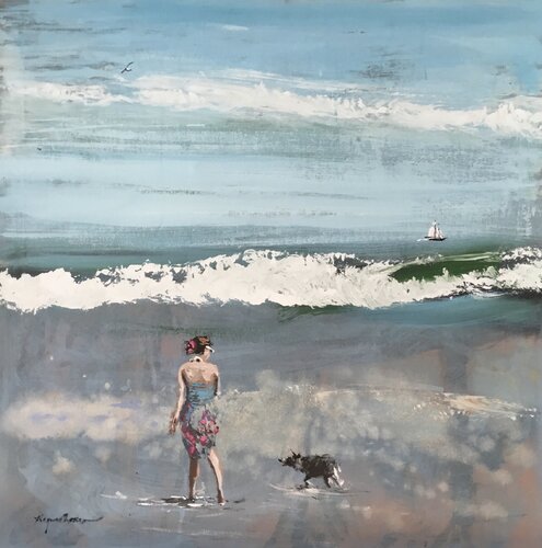 Woman With Dog By Seaside di Raymond Chow, Pittura in vendita su Singulart