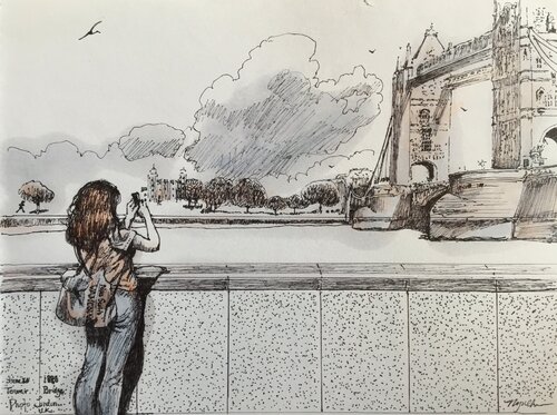 Photographer Near London Bridge van Raymond Chow, Tekening te koop op Singulart