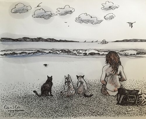 Cate & 3 Cats by Raymond Chow, デッサン for Sale on Singulart