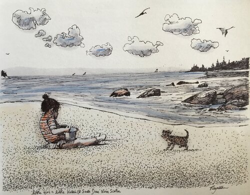 Little Girl & Little Kittie van Raymond Chow, Tekening te koop op Singulart