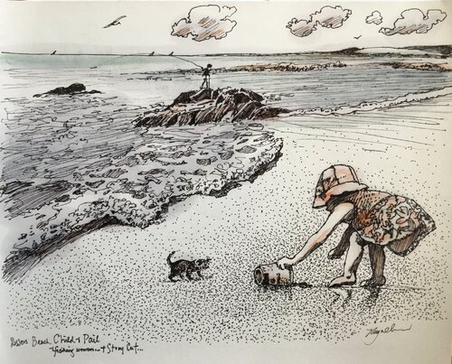 Child With Pail At Beach van Raymond Chow, Tekening te koop op Singulart